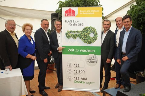 OSG-Aufsichtsrats-Vorsitzender Johann Schmidt, Landtagspräsidentin Verena Dunst, Landeshauptmann Hans Peter Doskozil, OSG-Chef, Vorstandsdirektor und Obmann Alfred Kollar, Landesrat Heinrich Dorner, Bürgermeister Georg Rosner und Landesrat Christian Illedits